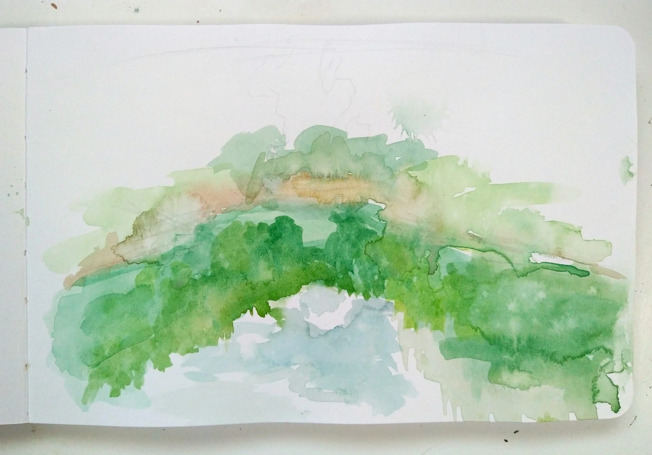 Loose watercolor study in blue, green, and brown of a lake scene.