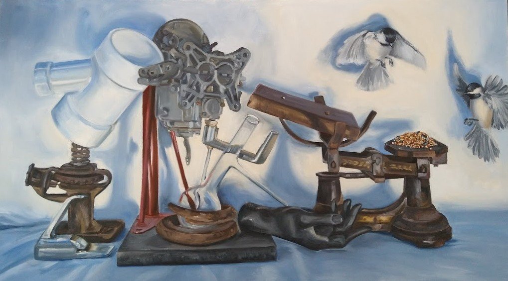 Still life painting with various objects including a beaker, hand, and old scale. Two chickadees are flying around the scale, which holds birdseed.