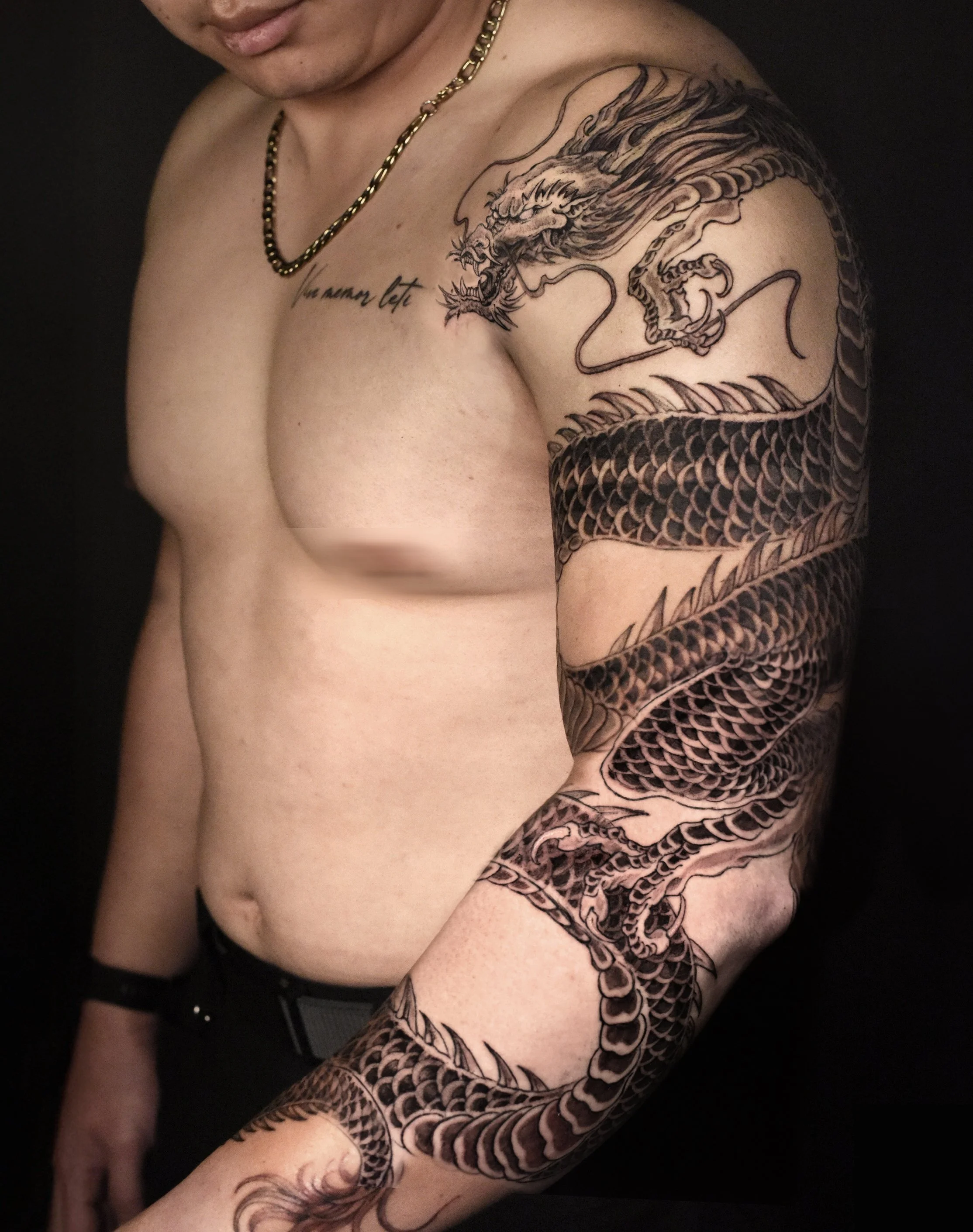 full sleeve asian dragon tattoo . designed and craftd by kaho inkshop / bored ink club. providing service in ornage, 