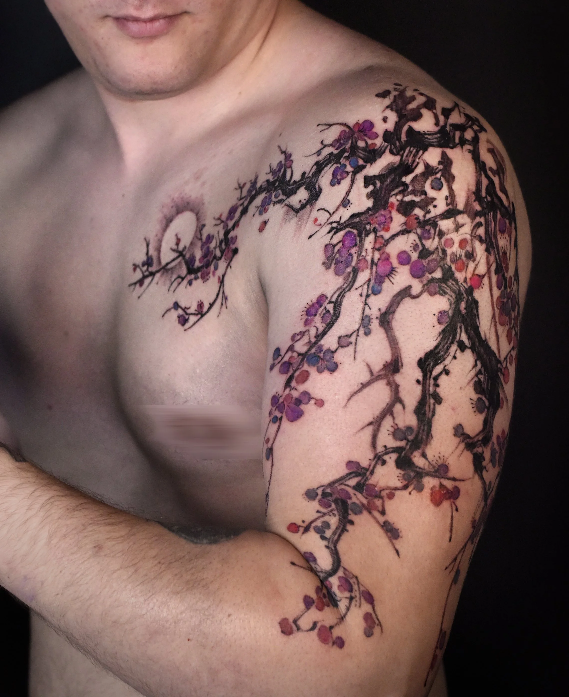 plum blossom tattoo half sleeves with colors pedal kaho inkshop located in los angeles California