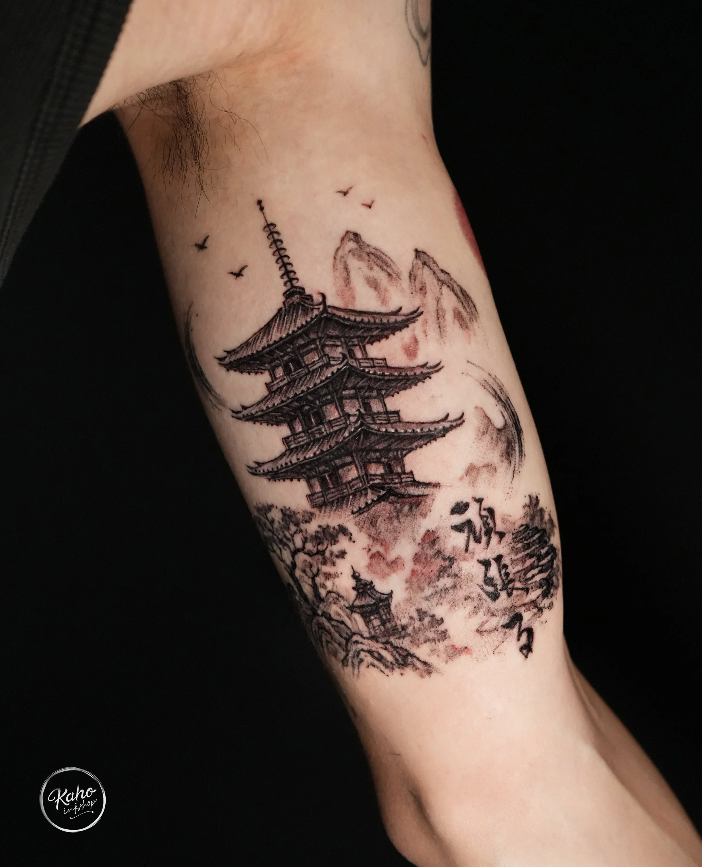 asian landscape tattoo in brushstroke style, oriental elements infused into the design, created by Kaho Inkshop. located in Los Angeles