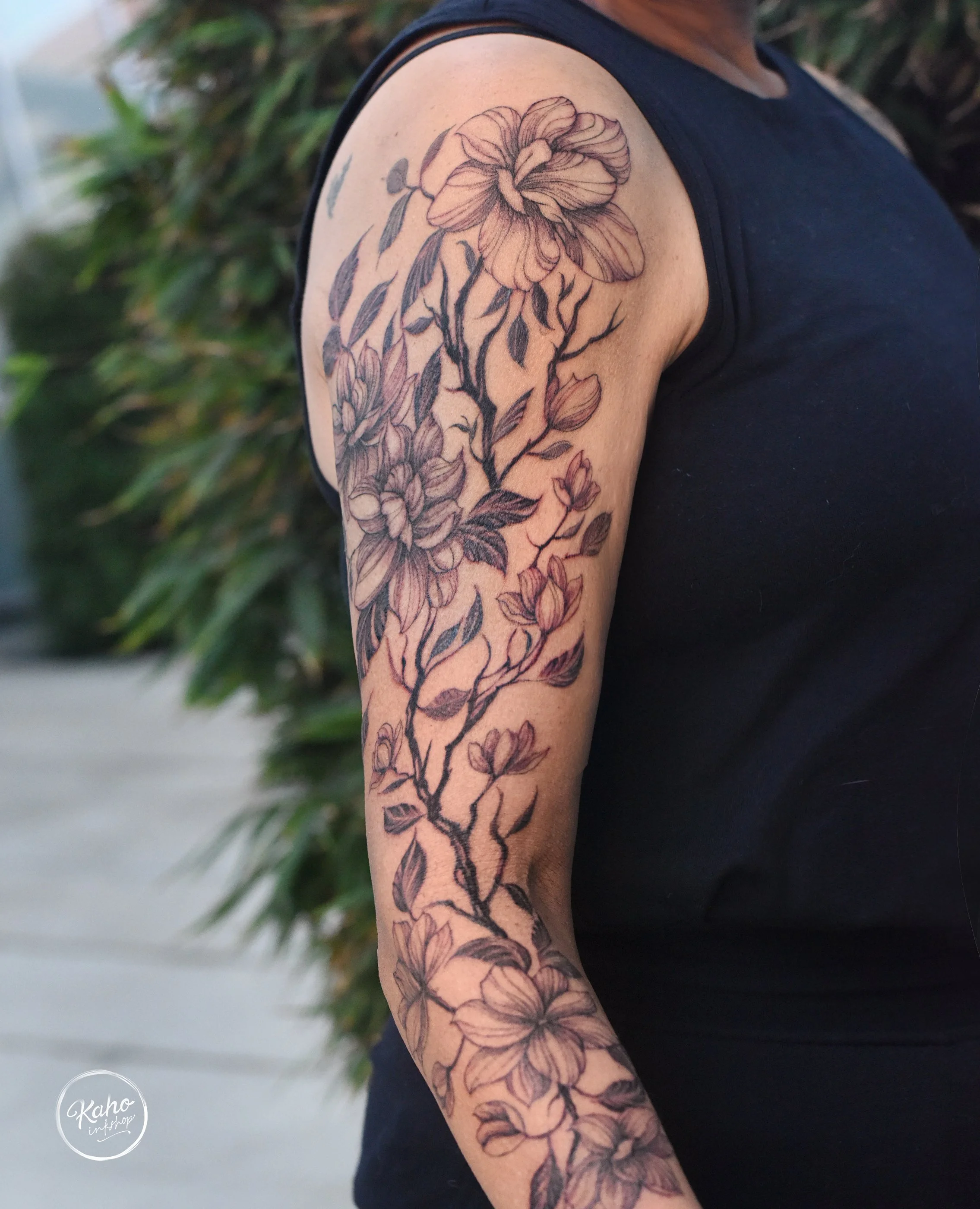 kaho inkshop - Floral tattoo ,  flower tattoo snake tattoo single needle tattoo, peony tattoo, los angeles, san francisco, new york, california