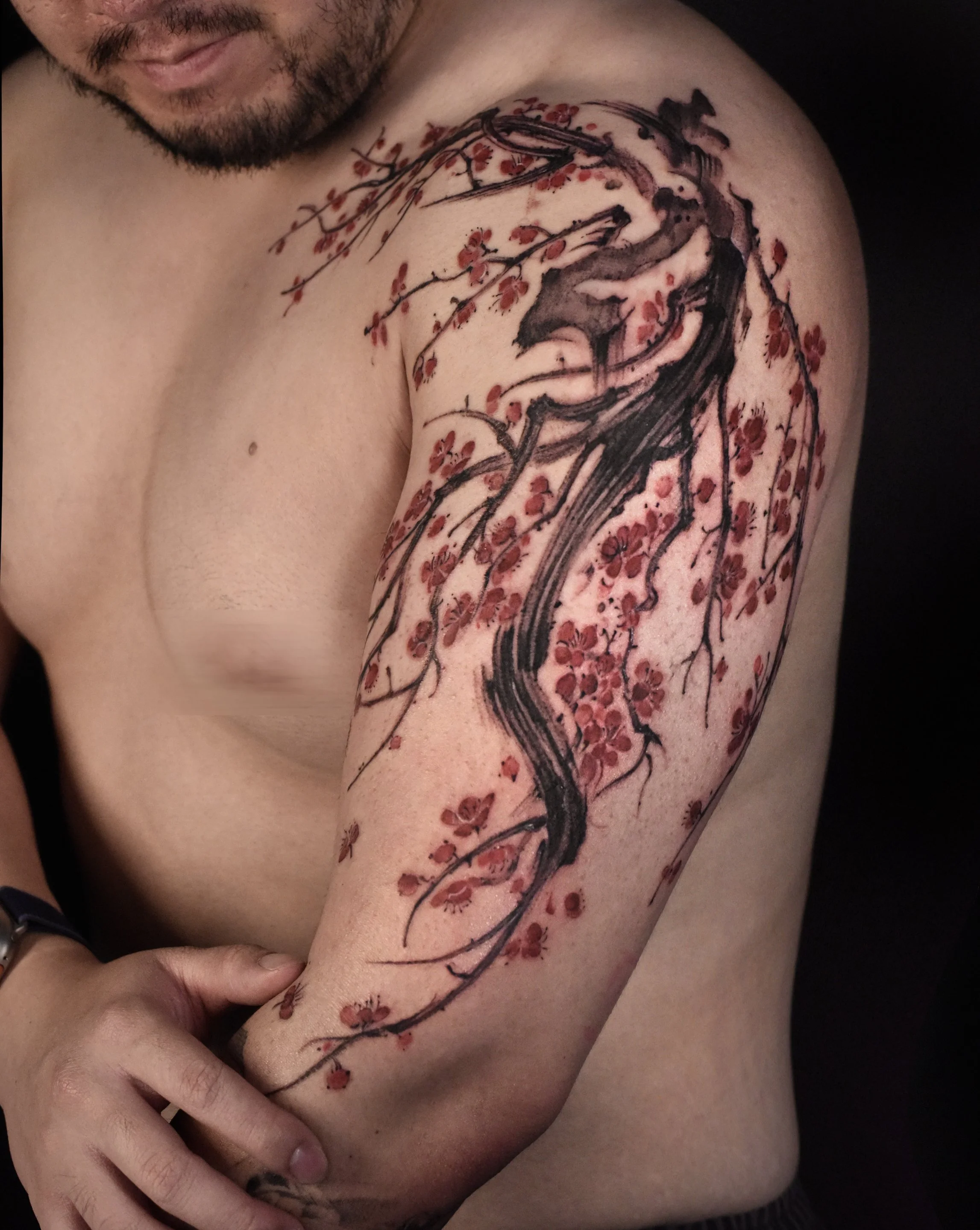 plum blossom tattoo chinese traditional ink brushstroke painting style created by kaho inkshop. Los angeles tattoo studio artist providing service for san francisco, san diego and new york