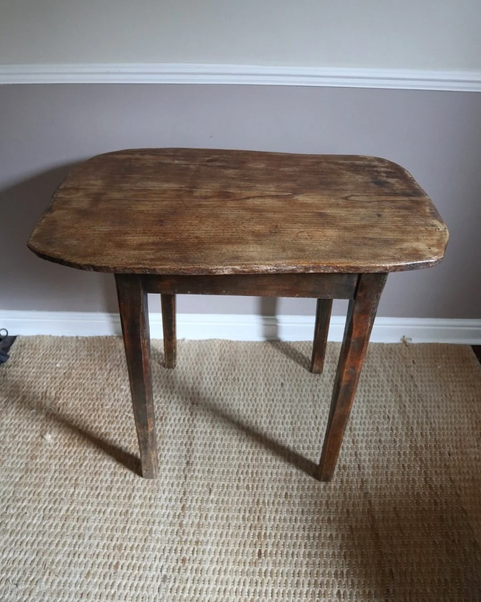Vintage French, rustic tall wooden hallway table with organic, curved edge top.