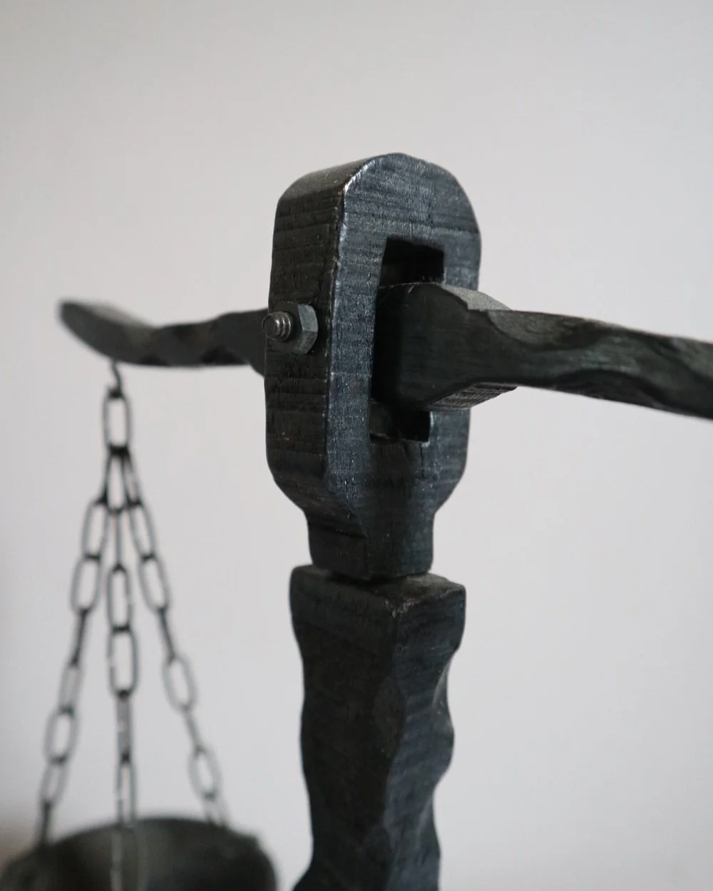 Vintage Spanish rustic carved wooden scales with circular hanging trays on chains.