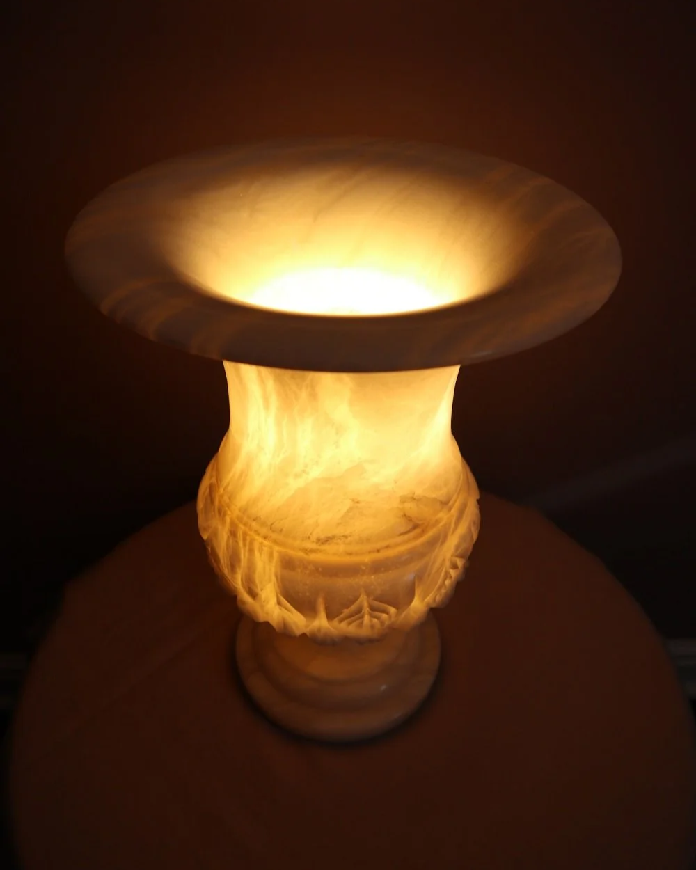 Large Italian carved alabaster urn table lamp, with delicate petal details.