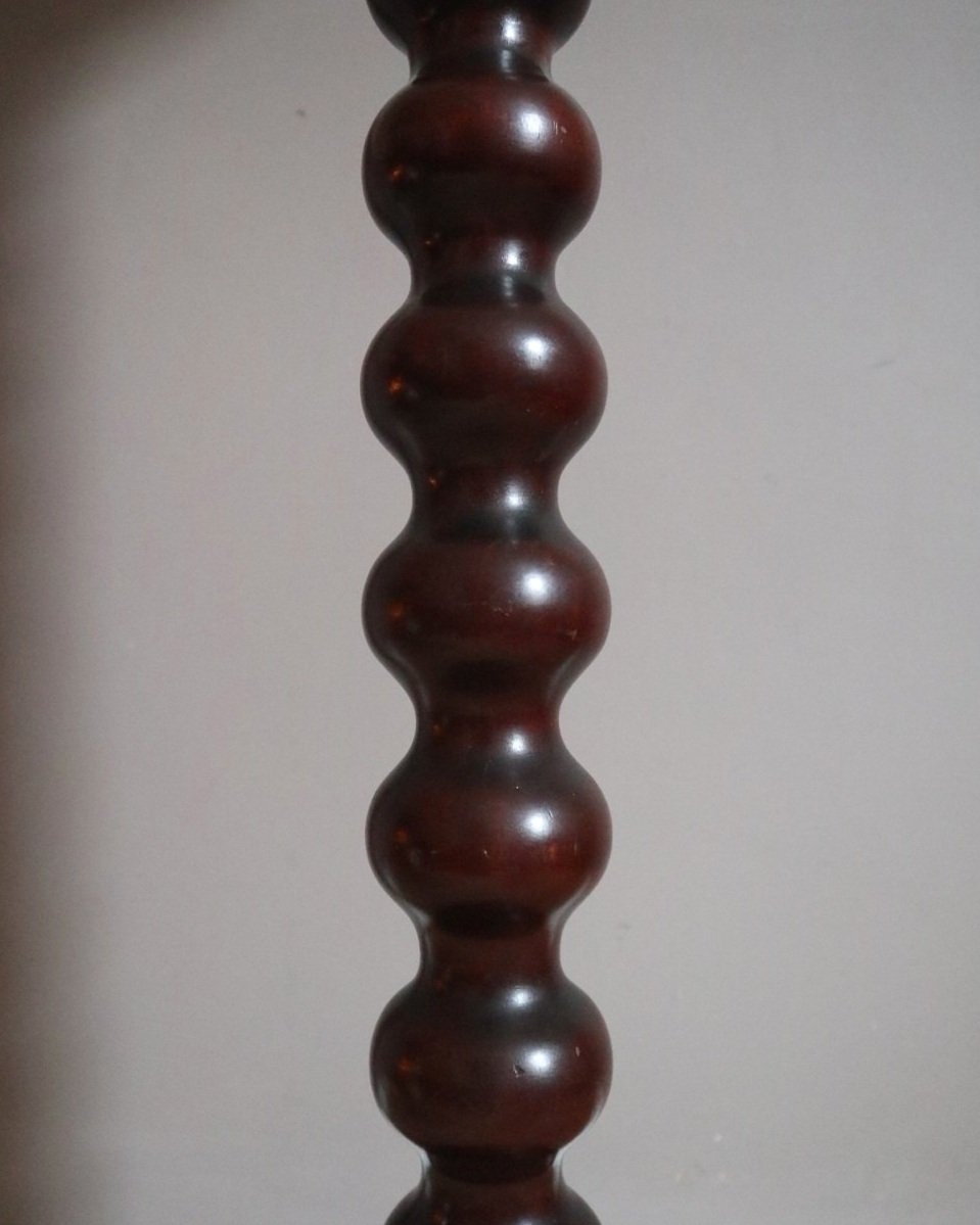 Tall mid century darkwood jardiniere plant stand display plinth with carved bobbin column and heavy turned wood base.