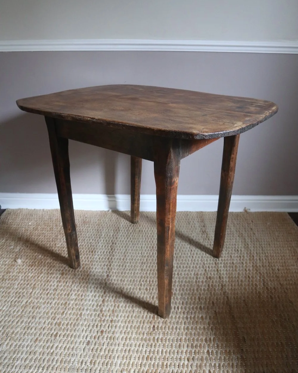 Vintage French, rustic tall wooden hallway table with organic, curved edge top.