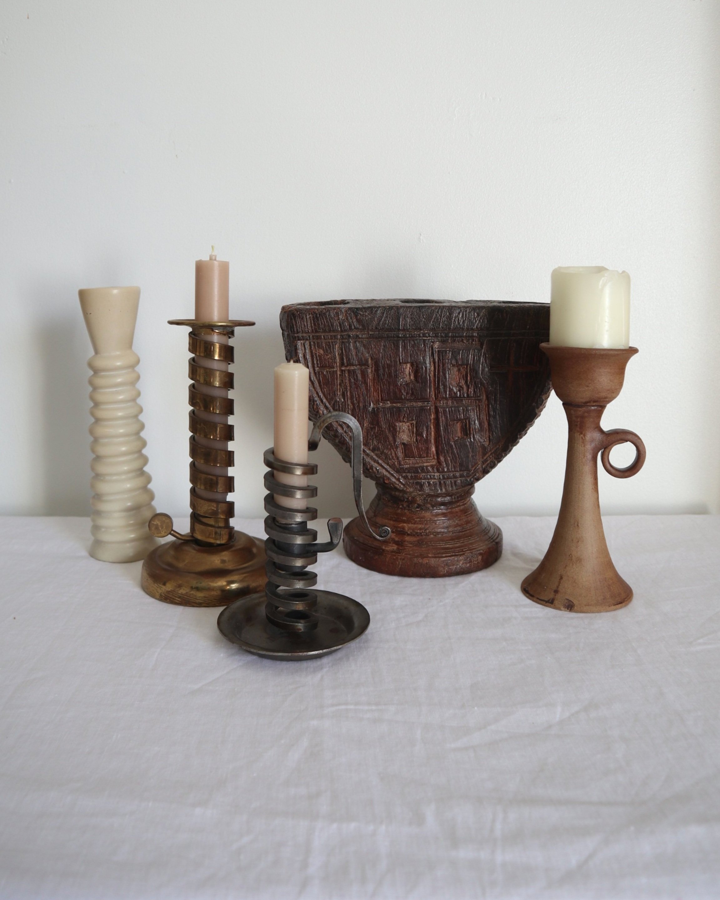 Vintage tall off white ribbed soapstone candleholder