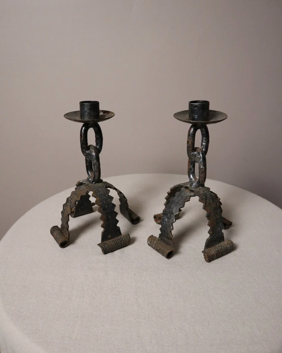 Pair of  French Brutalist wrought iron chain candleholders in the style of Franz West. Circa 1970s.