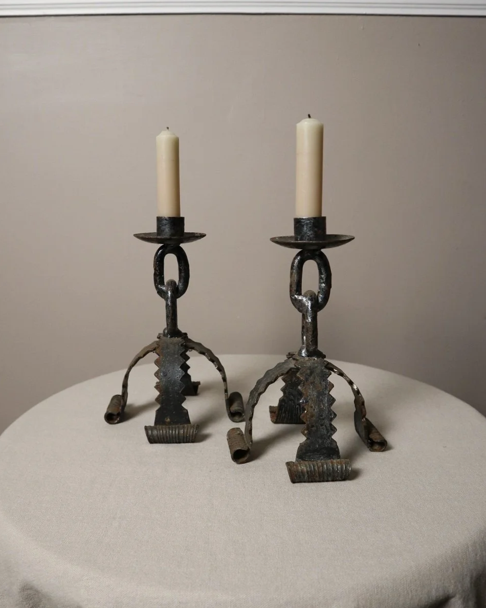 Pair of  French Brutalist wrought iron chain candleholders in the style of Franz West. Circa 1970s.