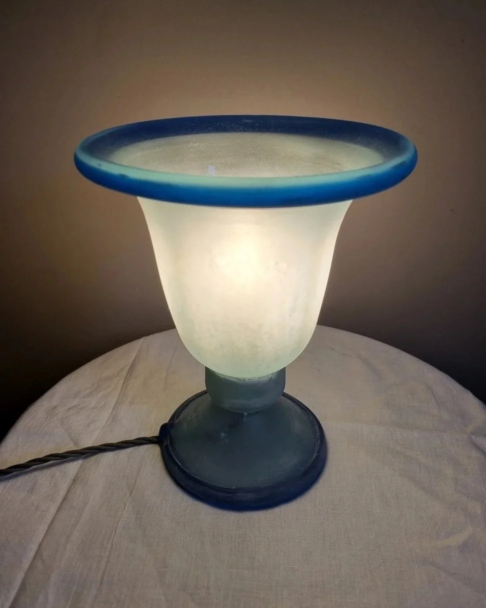 Italian Murano Scavo blue frosted glass table lamp. Circa 1970s.