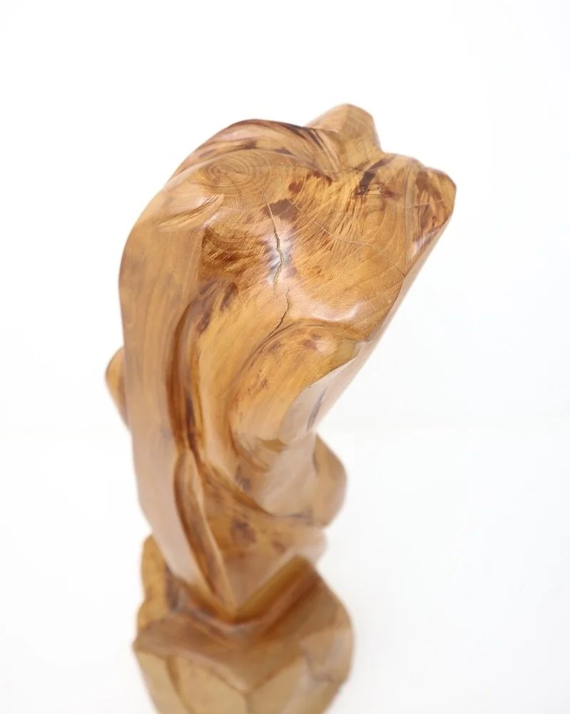 Abstract carved wooden sculpture, possibly pine. Marked BOURRASQUE with indeterminate initials to side and POMIER 1985 to base.