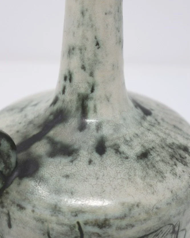 Beautiful and rare small, midcentury pale blue / grey ceramic table lamp by French ceramicist, Jacques Blin. Hand engraved with illustrations of bulls (taurus) and signed to base. Circa 1950-60s.