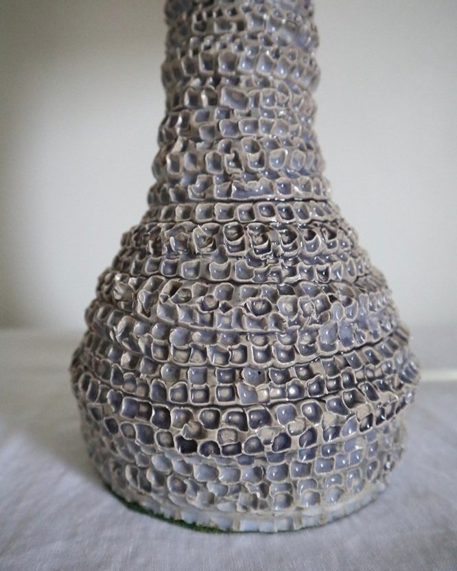 Tall textured handmade studio pottery pale blue grey ceramic table lamp