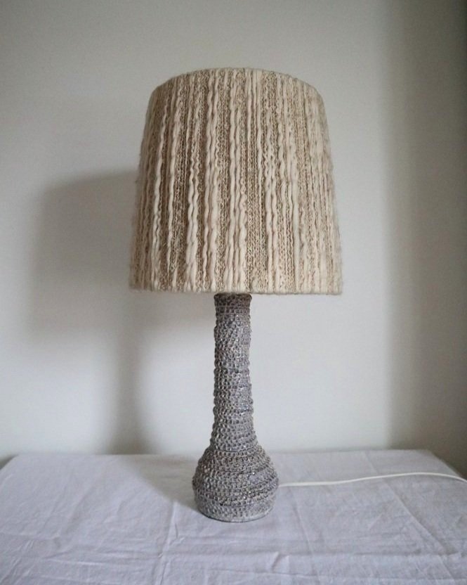 Tall textured handmade studio pottery pale blue grey ceramic table lamp