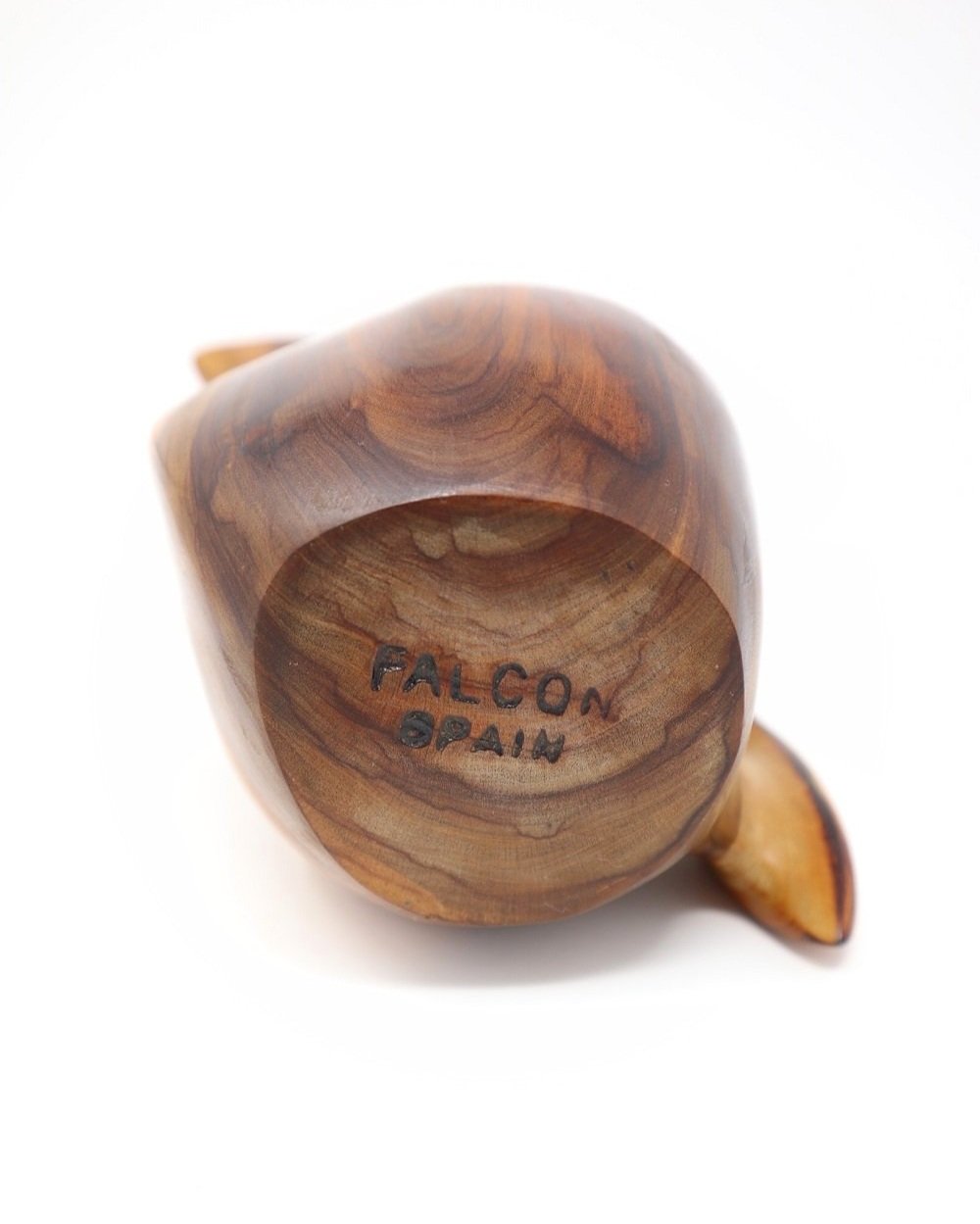 Small mid century Spanish handcarved sculptural olivewood monoxyl pitcher in the style of Alexandre Noll. Beautiful rich, natural wood grain. Marked 'Falcon, Spain'. Circa 1960s.