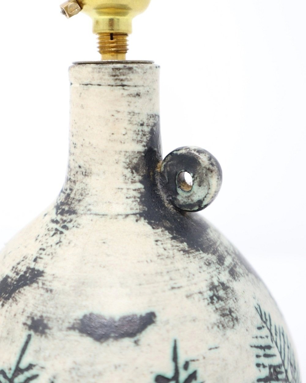 Small French ceramic table lamp by Jacques Blin, circa 1950s. Pale blue / grey collectable stoneware lamp with delicate hand engraved leaves and tiny round handle. Signed 'J Blin' to base.