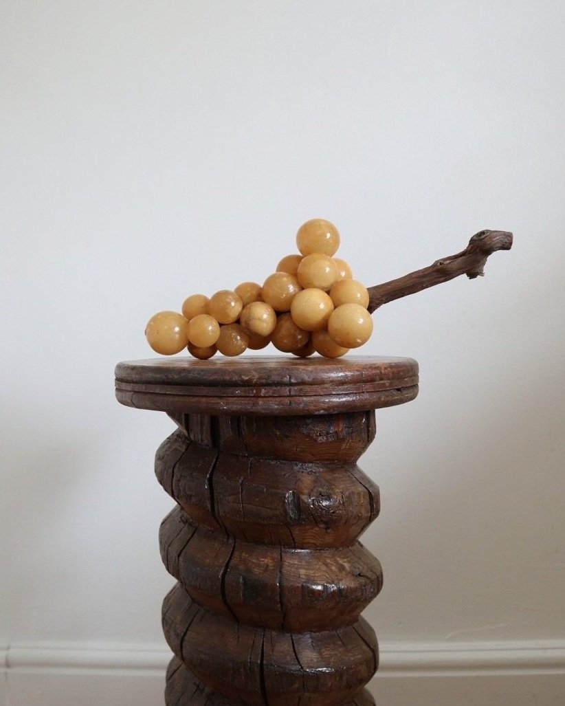 Low turned wooden French screw plinth, vintage apple press wooden side table