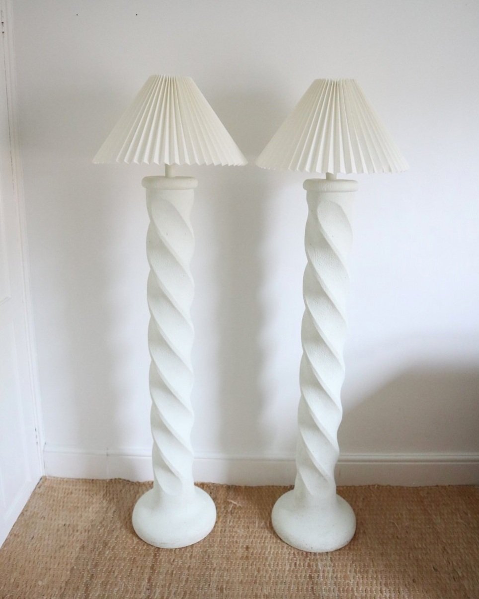 Pair of 1990s American Postmodern Plaster spiral floor lamps in the style of Michael Taylor.