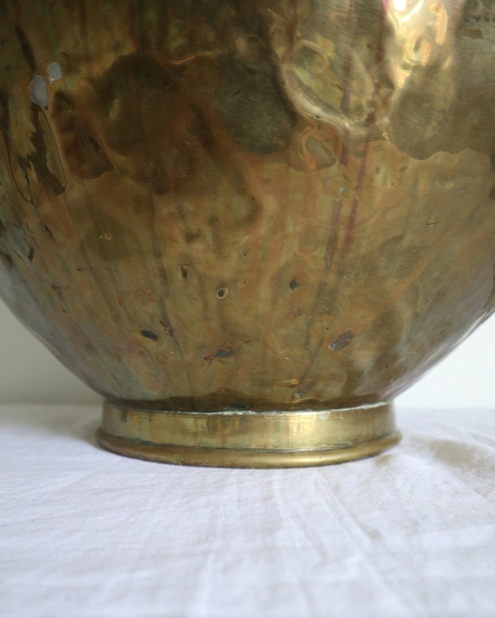 Large antique brass water jug or milk cane with beautiful patina and historic repairs. France circa 1940s.