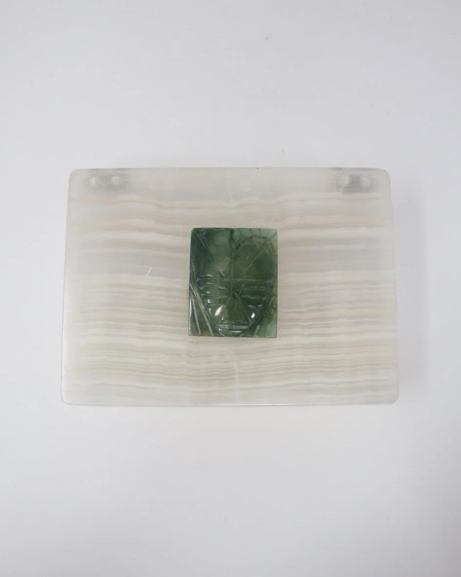 Pretty white onyx stone trinket jewellery box with hand carved Mexican jade embellishment of Mayan design, circa 1950s.