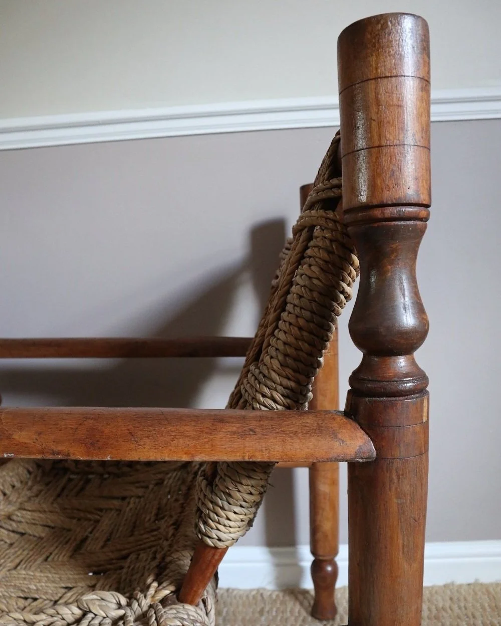 An original, mid century wood and abaca rope lounge chair attributed to Adrien Audoux and Frida Minnet France, circa 1950s.