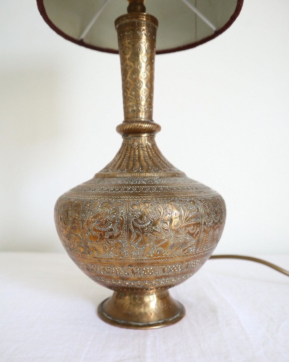 Vintage Indian brass surahi, water flask table lamp with decorative and intricate etchings