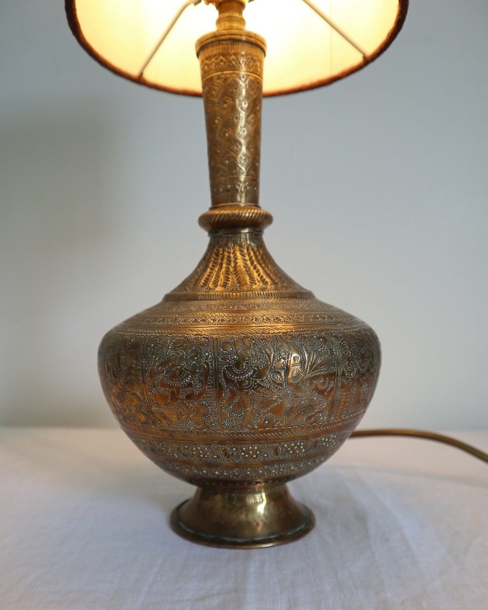 Vintage Indian brass surahi, water flask table lamp with decorative and intricate etchings
