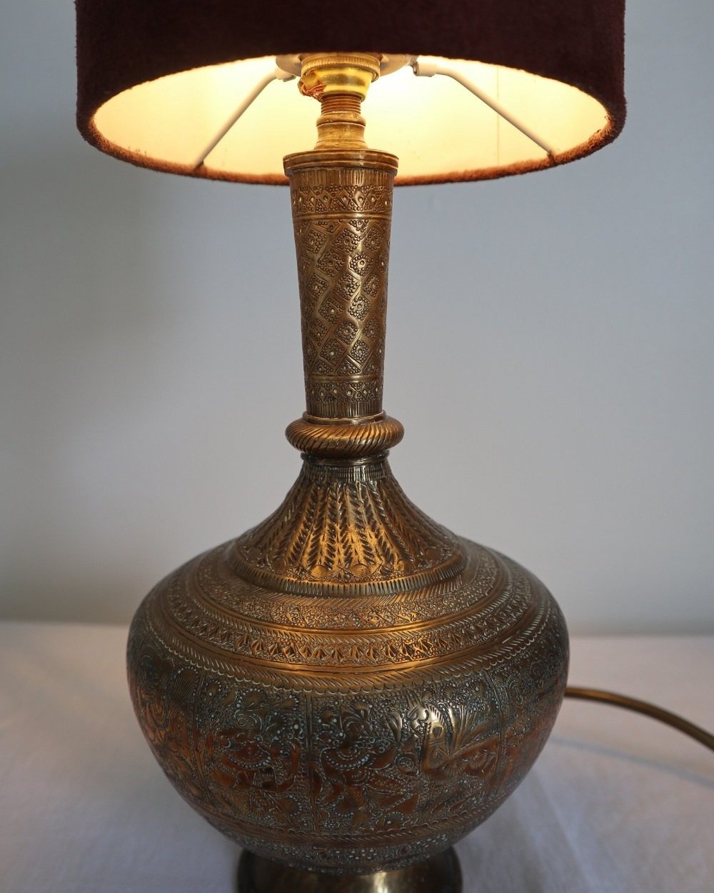 Vintage Indian brass surahi, water flask table lamp with decorative and intricate etchings