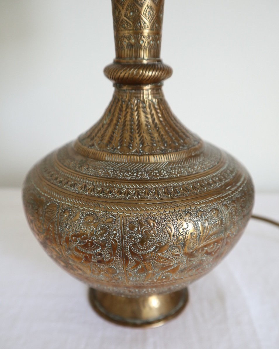 Vintage Indian brass surahi, water flask table lamp with decorative and intricate etchings