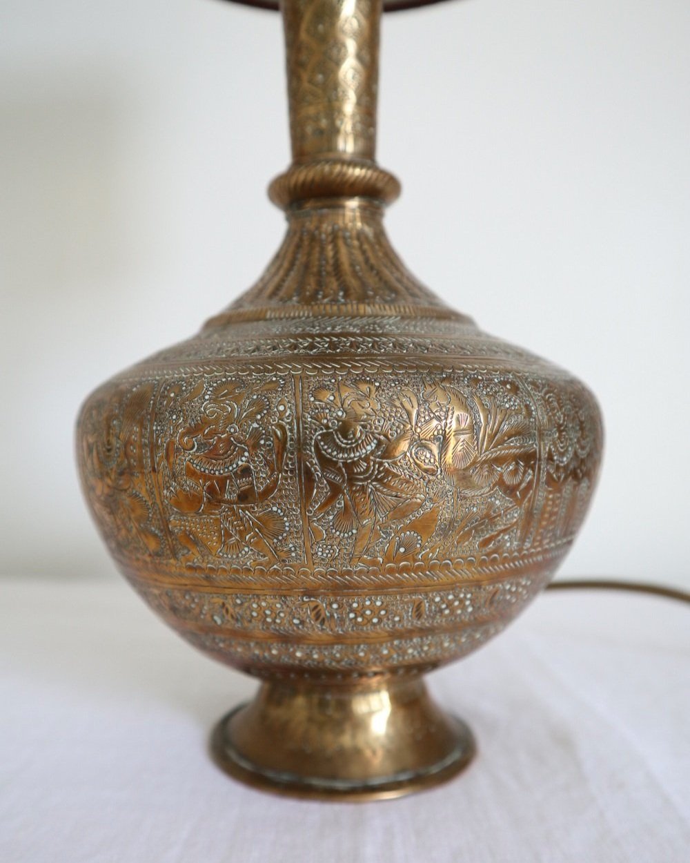 Vintage Indian brass surahi, water flask table lamp with decorative and intricate etchings