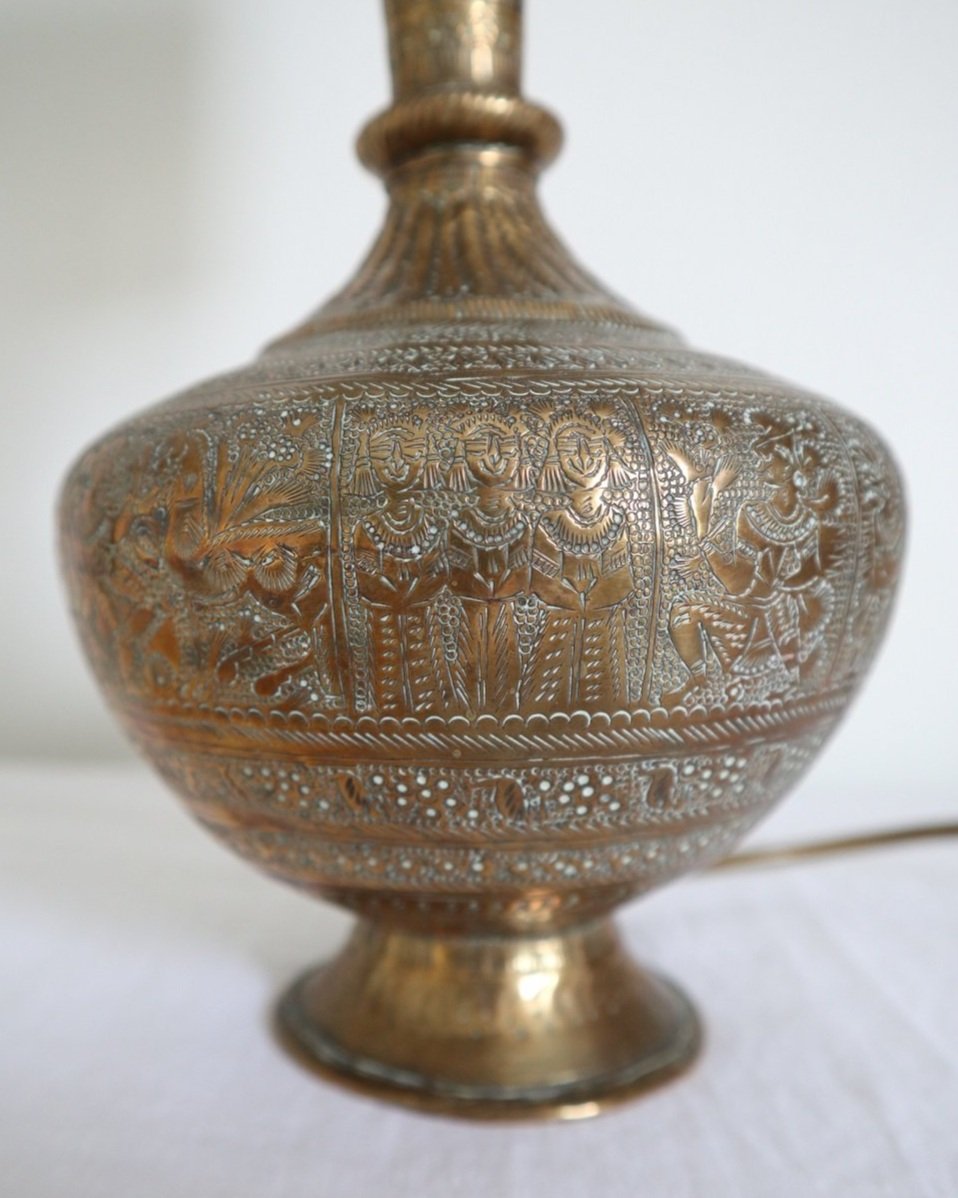 Vintage Indian brass surahi, water flask table lamp with decorative and intricate etchings