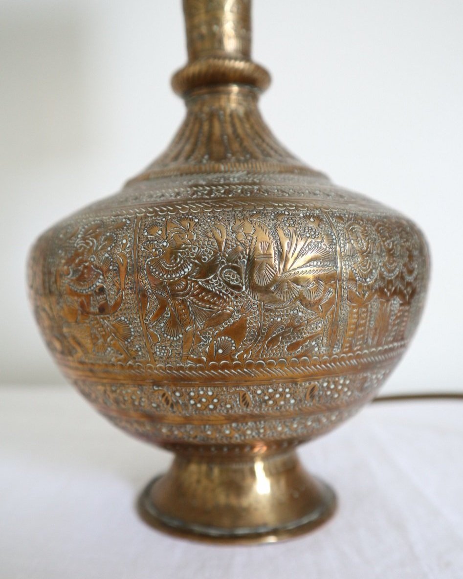 Vintage Indian brass surahi, water flask table lamp with decorative and intricate etchings
