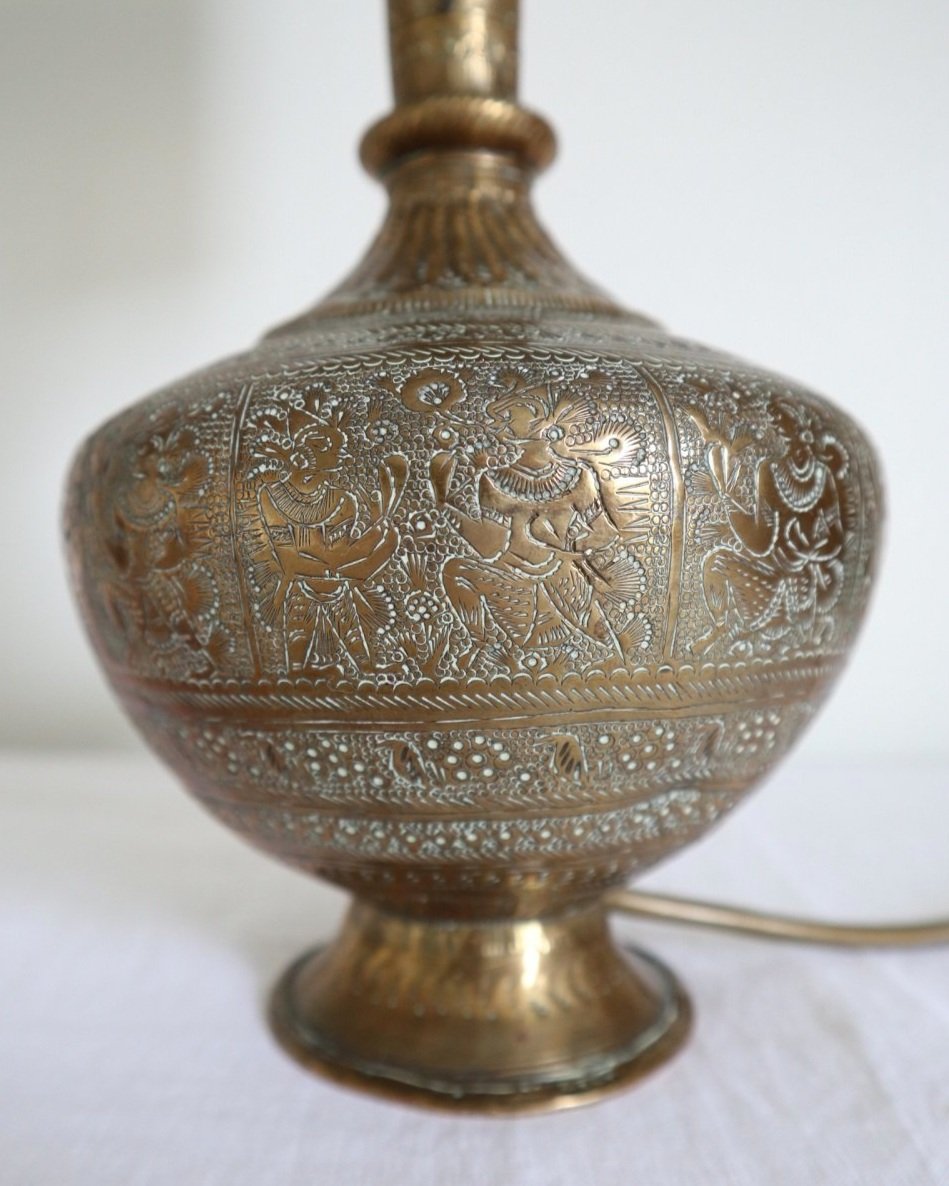 Vintage Indian brass surahi, water flask table lamp with decorative and intricate etchings