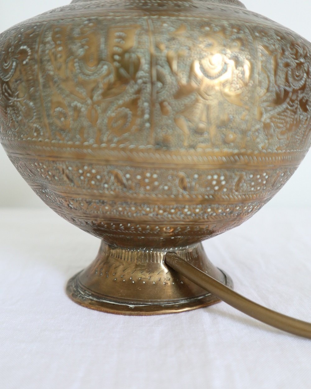 Vintage Indian brass surahi, water flask table lamp with decorative and intricate etchings