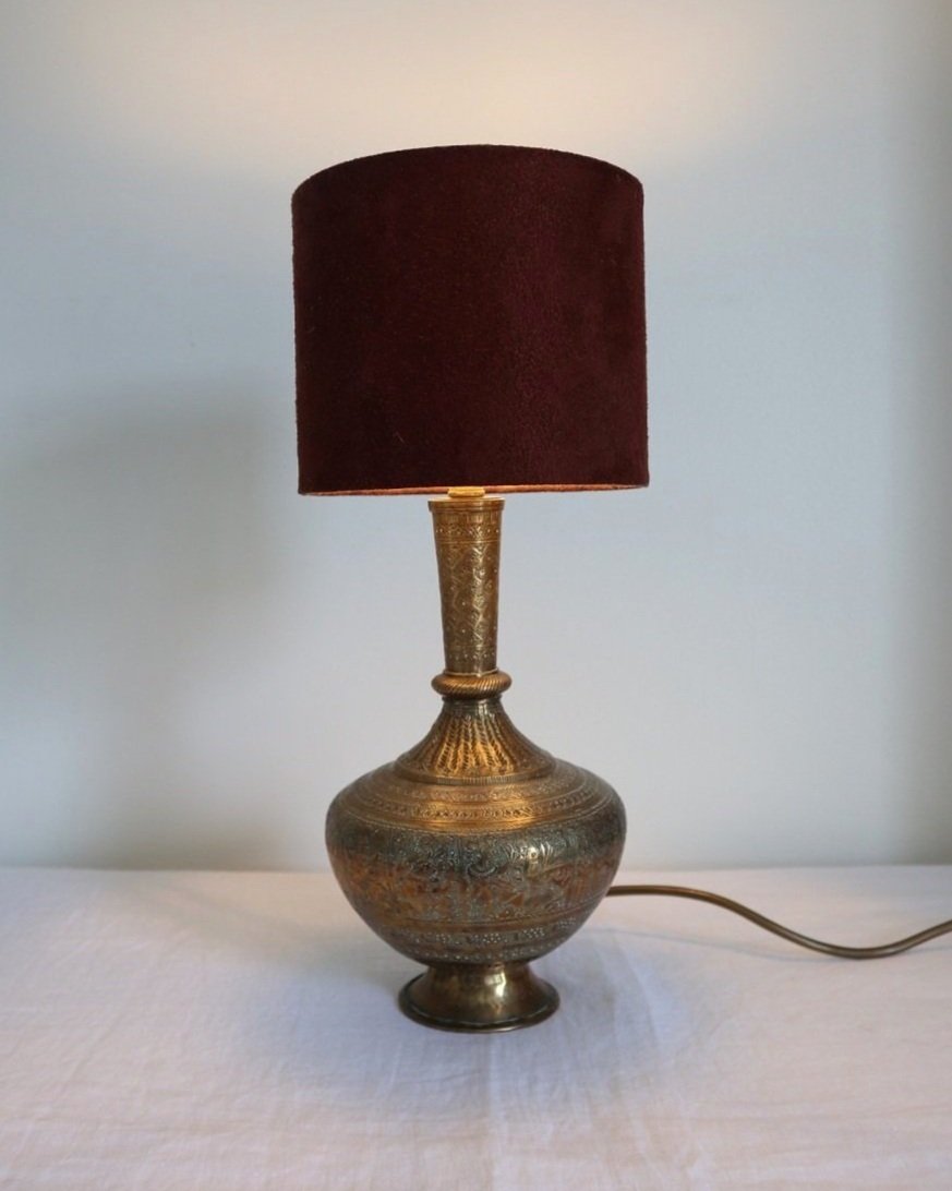 Vintage Indian brass surahi, water flask table lamp with decorative and intricate etchings