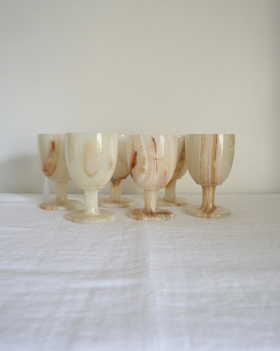 Set of six vintage off white onyx goblets / wine glasses with earthy brown tones.