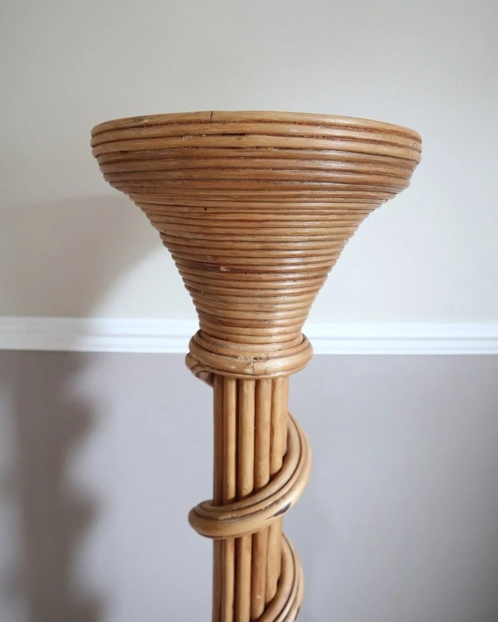 Mid century reeded bamboo jardiniere plant stand with wound column