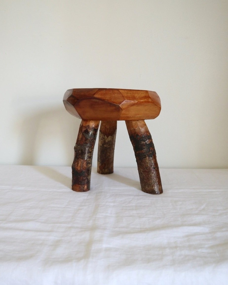 Vintage small rustic folk art handmade wooden stool from Fenterleigh Woodcraft, Tintagel Cornwall, Circa 1940s.
