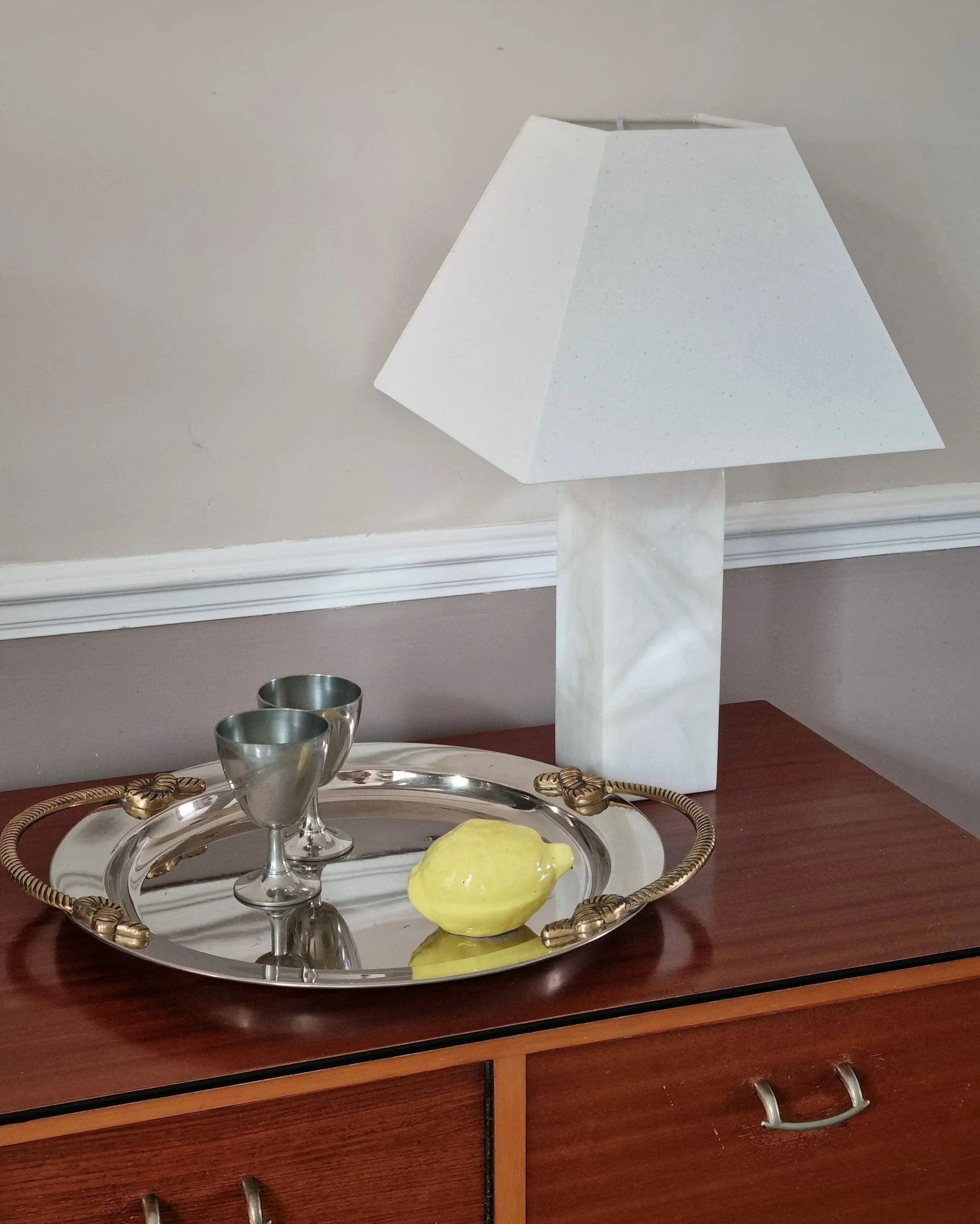 Vintage Spanish large rectangular solid white alabaster table lamp. Circa 1970s.