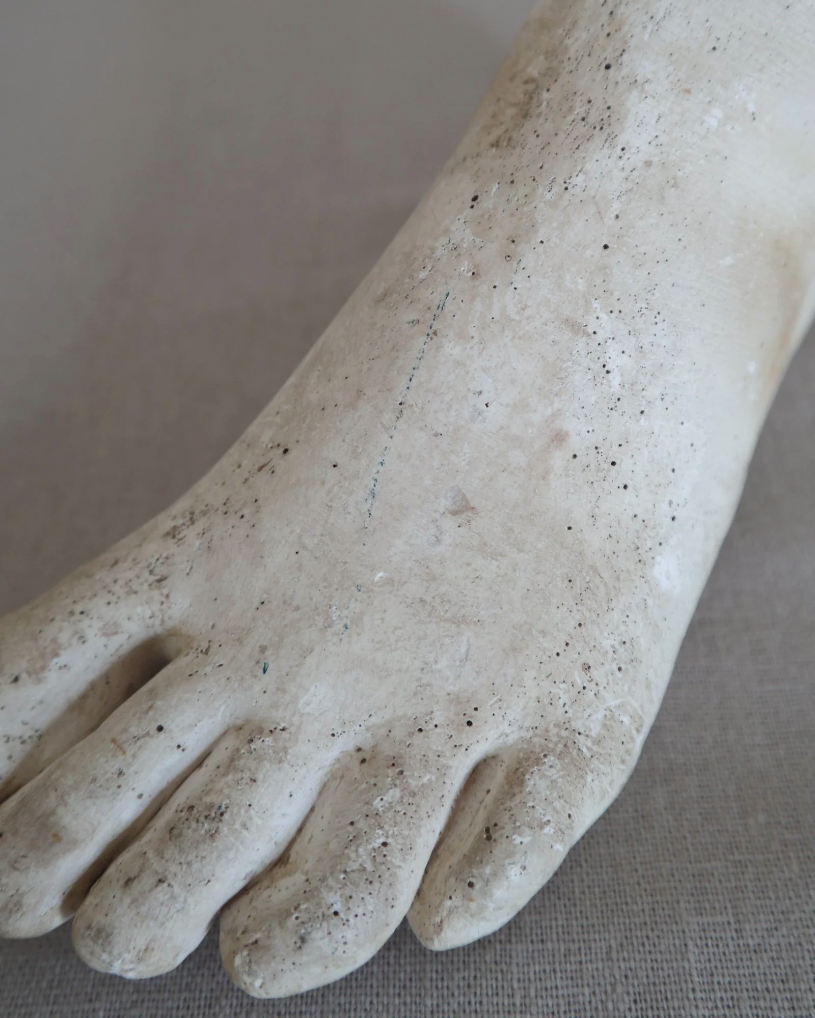 Classical-style decorative plaster foot sculpture, likely used as an anatomical or art studio study model.