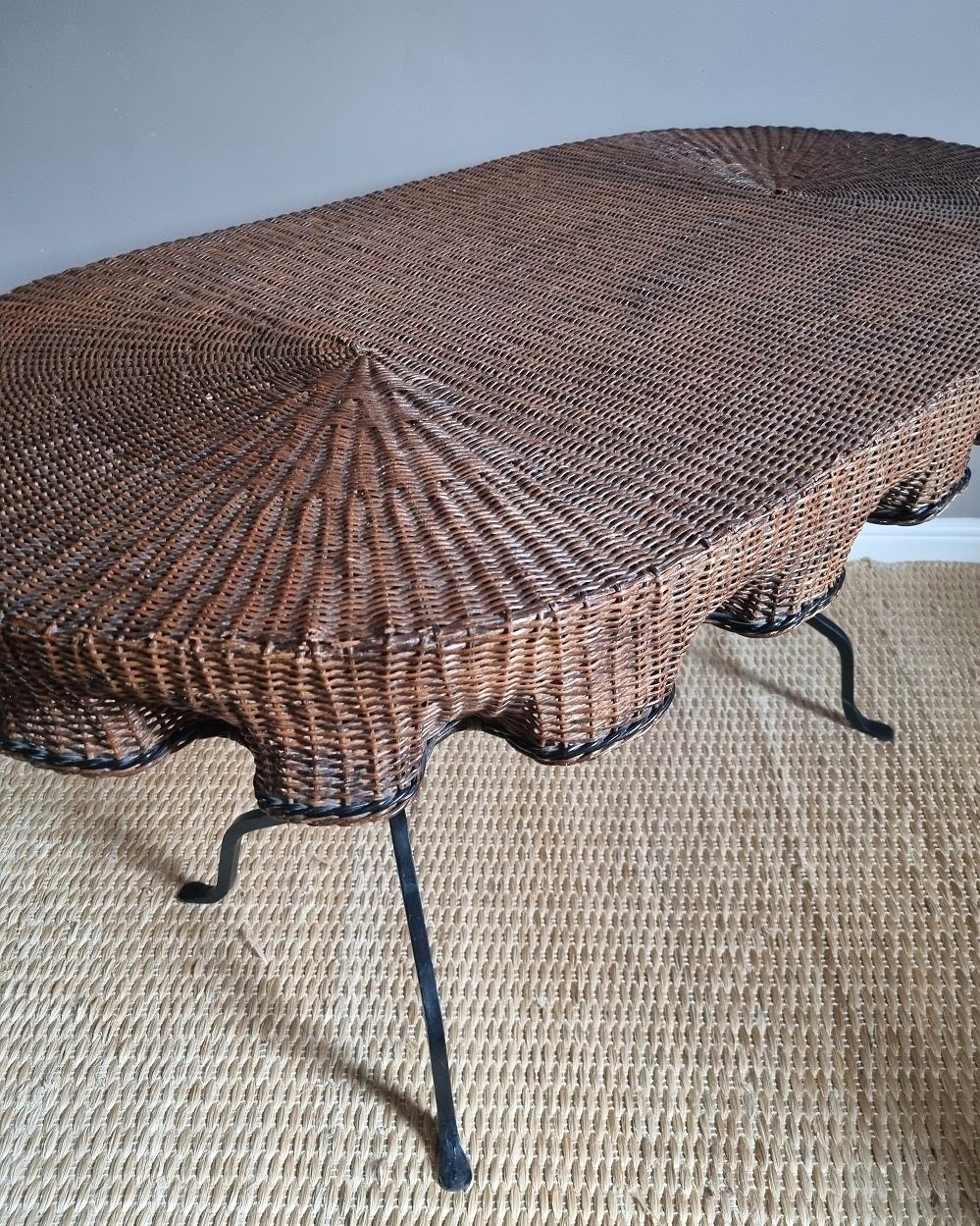 Rare, exquisite trompe l'oeil woven rattan table