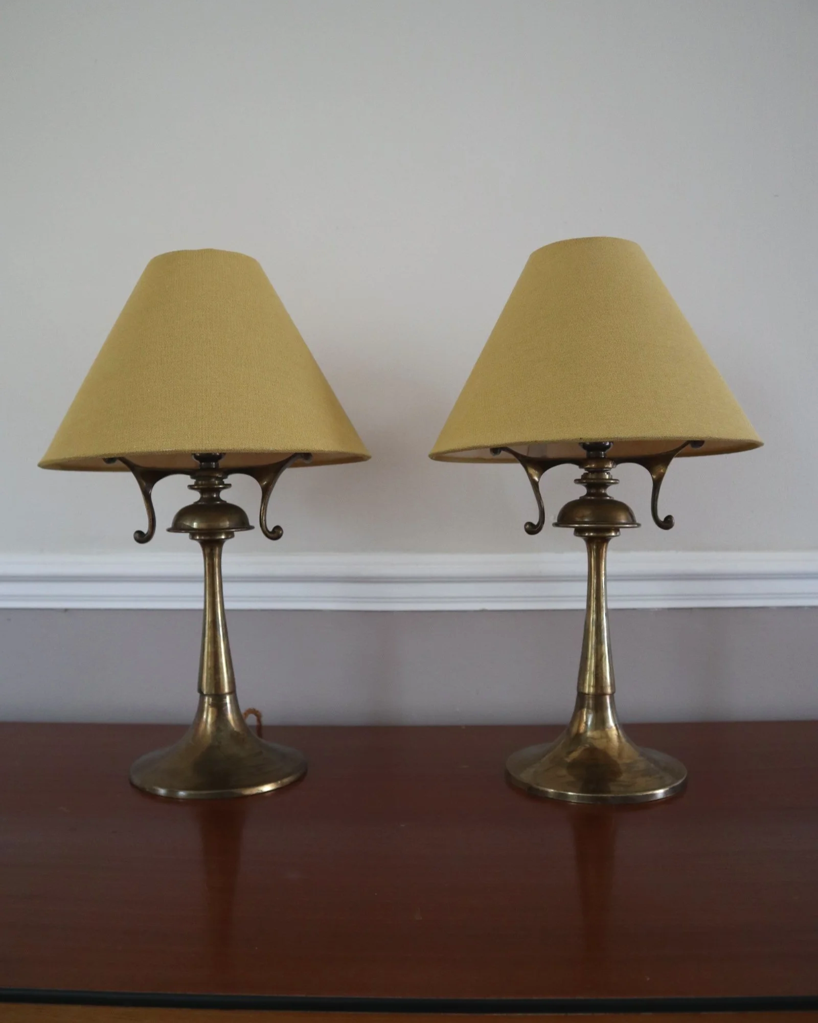 Pair of elegant Art Nouveau style heavy brass table lamps.