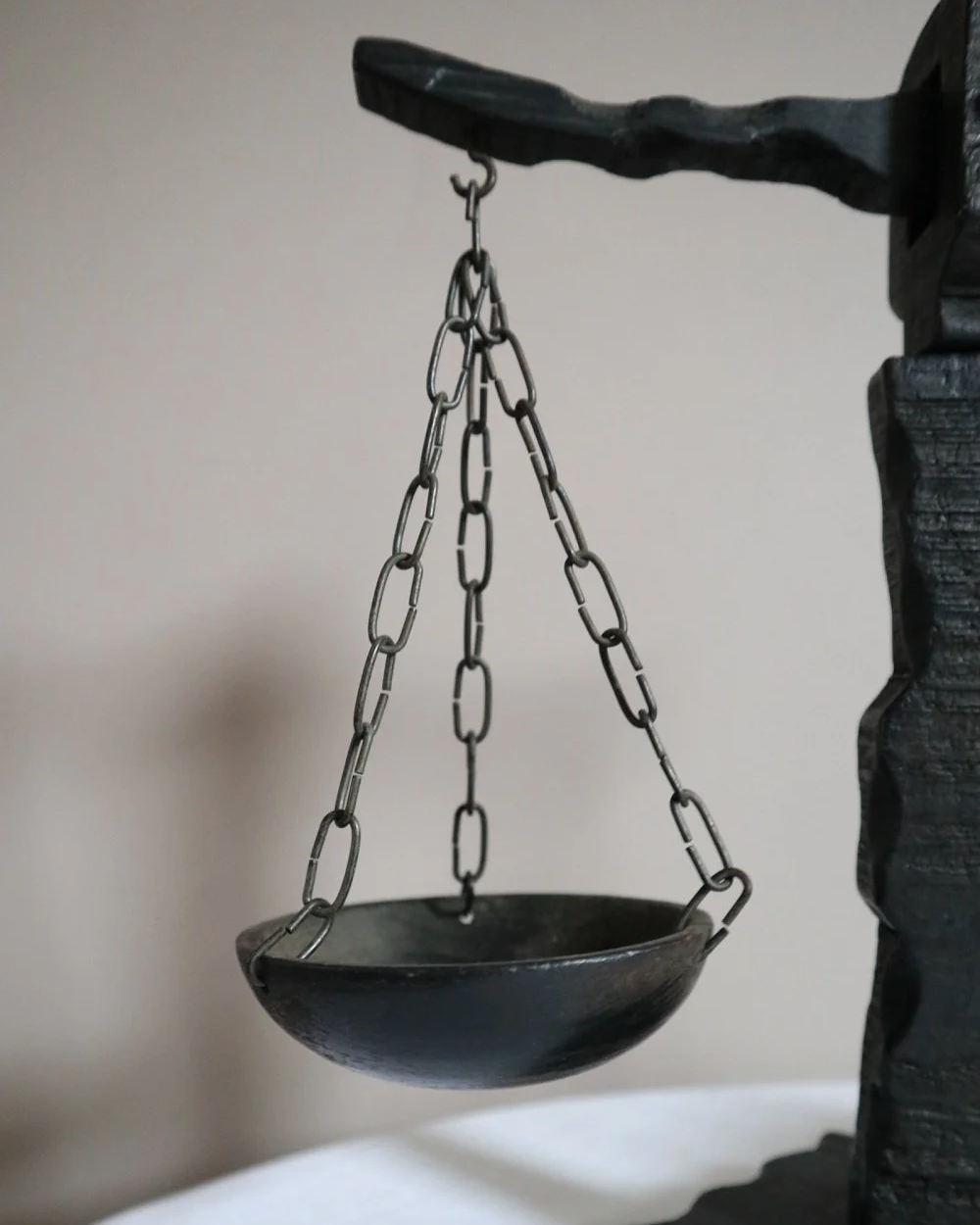 Vintage Spanish rustic carved wooden scales with circular hanging trays on chains.