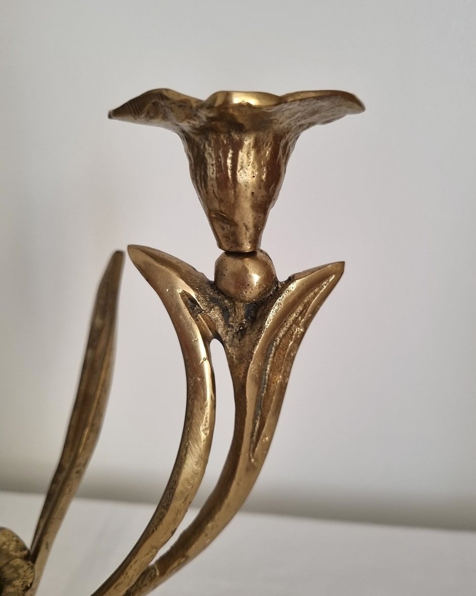 Mid century Art Nouveau style floral heavy brass candelabra with three arms and central candleholder. Circa 1970s.