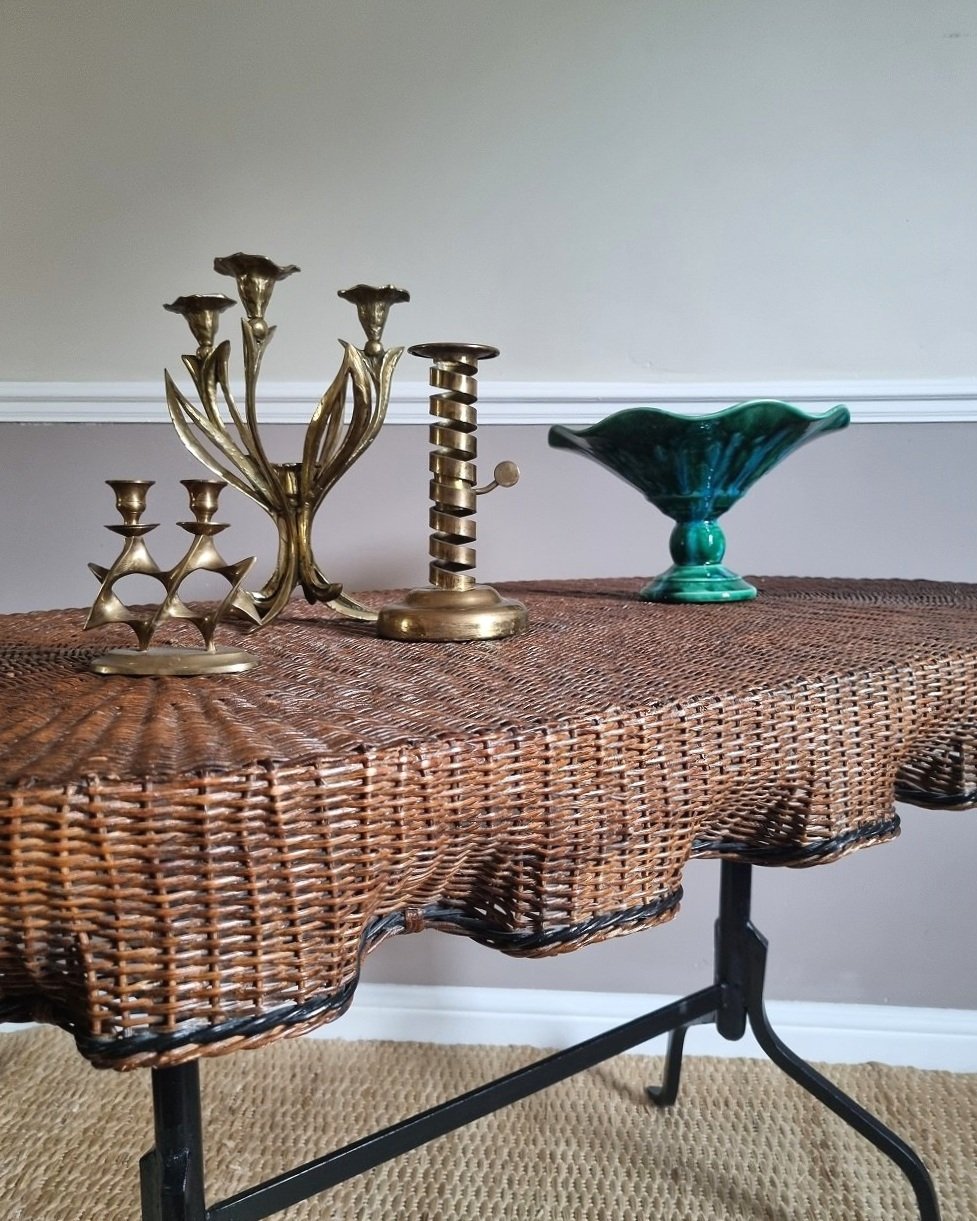 Rare, exquisite trompe l'oeil woven rattan table