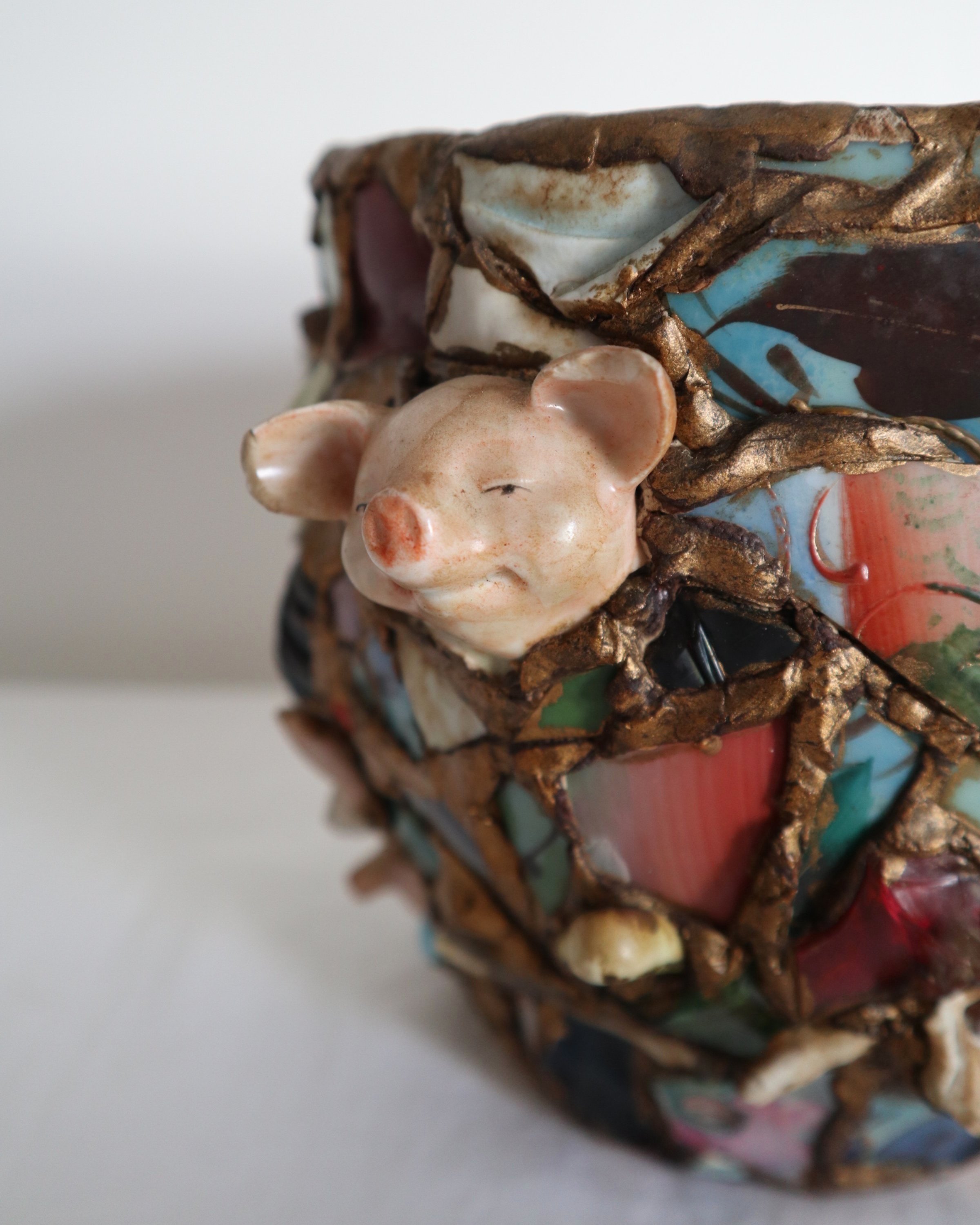 Quirky and characterful pique assiette mosaic pottery plant pot.