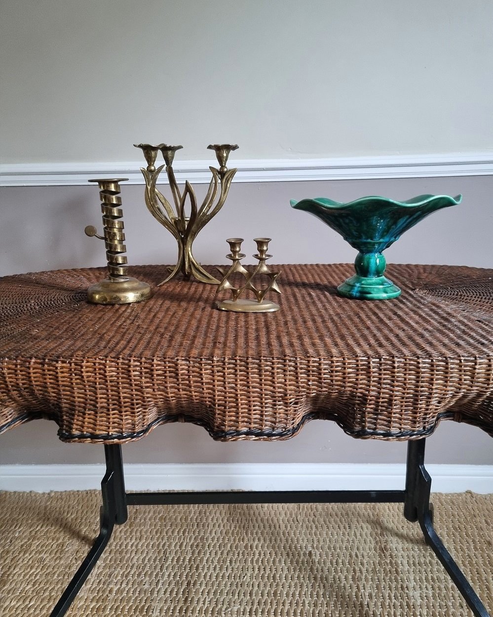 Rare, exquisite trompe l'oeil woven rattan table