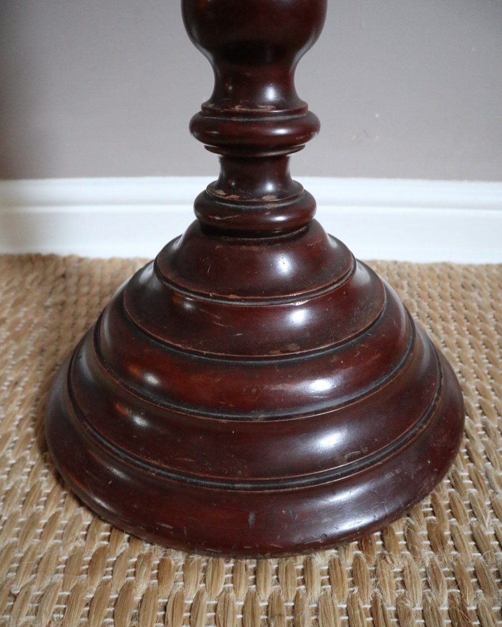 Tall mid century darkwood jardiniere plant stand display plinth with carved bobbin column and heavy turned wood base.
